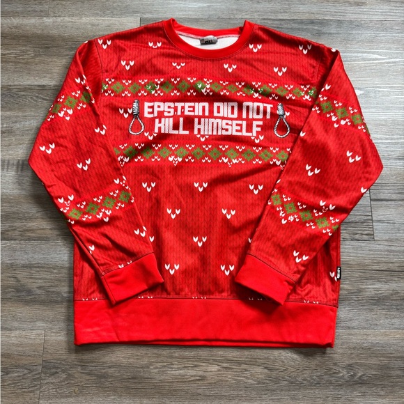 Greater Half “EPSTEIN DID NOT KILL HIMSELF" Men’s  UGLY CHRISTMAS SWEATER - Picture 1 of 9